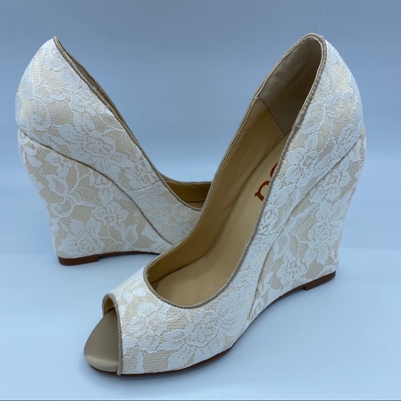 Ivory Wedding Shoes Lace Heels Peep Toe Wedge - Picture 9 of 10